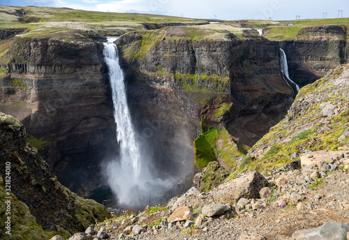 View of the landscape of the Haifoss waterfall in Iceland. © wjarek