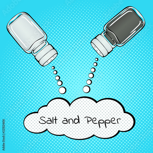 Salt shaker and pepper shaker with the speech bubble with the inscription salt and pepper . Vector bright color pop art illustration. Fast food poster in retro pop art style. Illustration for print