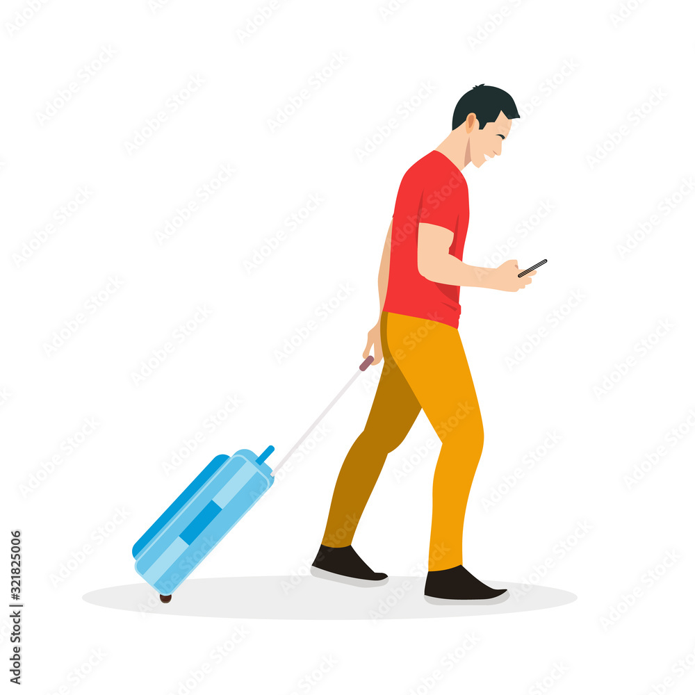 Flat boy walking vector illustration.Full body man drag bag and holding smartphone.Happy man go to travel Flat boy walking vector illustration.Full body man drag bag and holding smartphone.Happy man go to travel