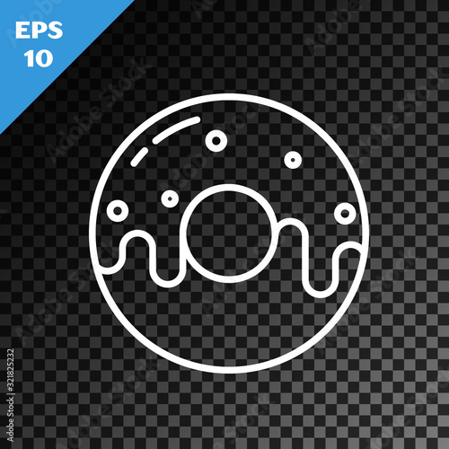 White line Donut with sweet glaze icon isolated on transparent dark background. Vector Illustration