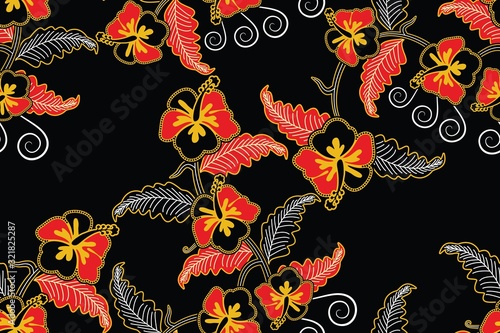 Seamless pattern with floral Illustration, Indonesian batik motif,  Hibiscus vector art