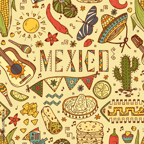 Mexican items. Mexico Vector Seamless pattern. Hand drawn doodle Elements of Mexican Culture.