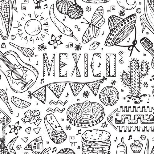 Mexican items. Mexico Vector Seamless pattern. Hand drawn doodle Elements of Mexican Culture. Black and white background