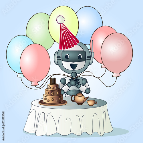Cool robot in a birthday cap sitting at a table on which stands a cake with candles, a teapot and a cup, smiling and holding colorful balloons in his hands, vector emoticon