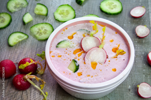 Spring cold soup made of radish, cucumbers and yogurt