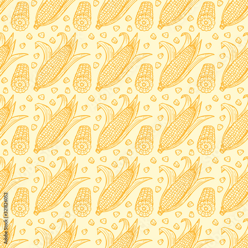 Maize Seamless pattern. Vector Vegetable background. Hand drawn doodle Corn cobs and corn grains