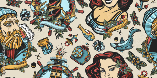 Sea adventure seamless pattern. Nautical art. Old school tattoo style. Sea wolf captain, lighthouse and sailor girl. Traditional tattooing concept