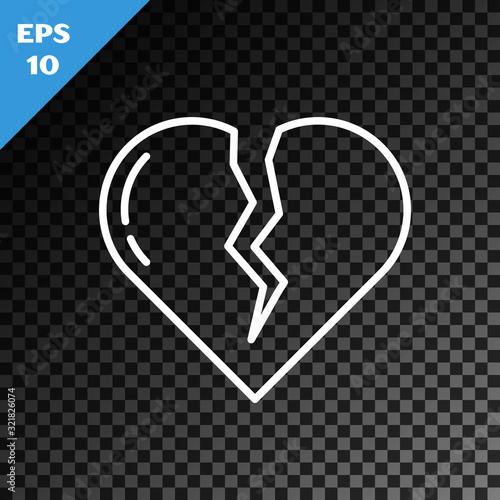 White line Broken heart or divorce icon isolated on transparent dark background. Love symbol. Valentines day. Vector Illustration
