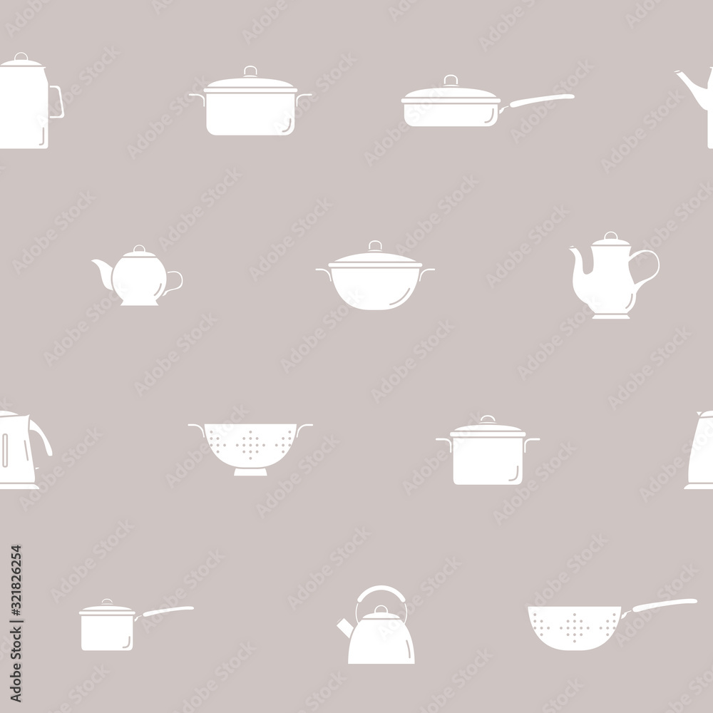 Kitchen dinnerware background - Vector seamless pattern solid silhouettes of knife, plate, spoon, fork, cup, kettle, saucepan, mug and ladle for graphic design Kitchen dinnerware background - Vector seamless pattern solid silhouettes of knife, plate, spoon, fork, cup, kettle, saucepan, mug and ladle for graphic design
