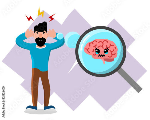 Headache cartoon vector illustration. Upset man with headache, brain injury, stress. Male IT office worker suffering from head migraine. Brain scan, Work stress, pain, suffer, frustration, confused.