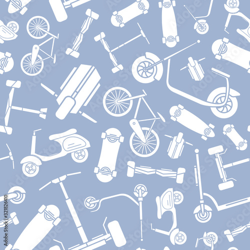 Eco transport background - Vector seamless pattern solid silhouettes of scooter, segway, monowheel, hoverboard, gyroscooter, bicycle and skateboard for graphic design