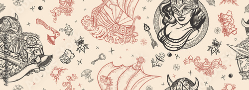 Vikings seamless pattern. Old school tattoo style. Medieval barbarian, long boat and woman warrior. Scandinavian culture. Valhalla art. Northern history background