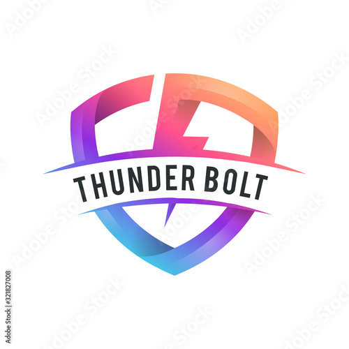 thunder bolt typography logo design with bolt shield element in 2 color option