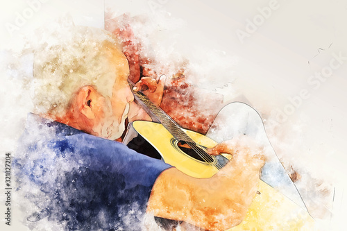Abstract colorful senoir man playing acoustic guitar in the foreground on Watercolor painting background and Digital illustration brush to art.