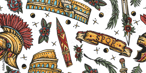 Ancient Rome seamless pattern. Spartan helmet, sword, shield and Colosseum. History of Italy. Traditional tattooing background. Old school tattoo style