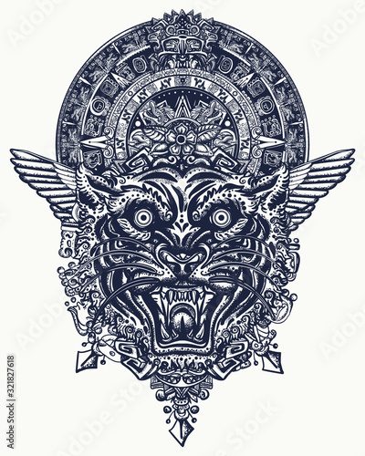 Tiger head and mayan sun calendar. Wild cat totem, jungle art. Mesoamerican mexican culture. Esoteric tattoo and t-shirt design