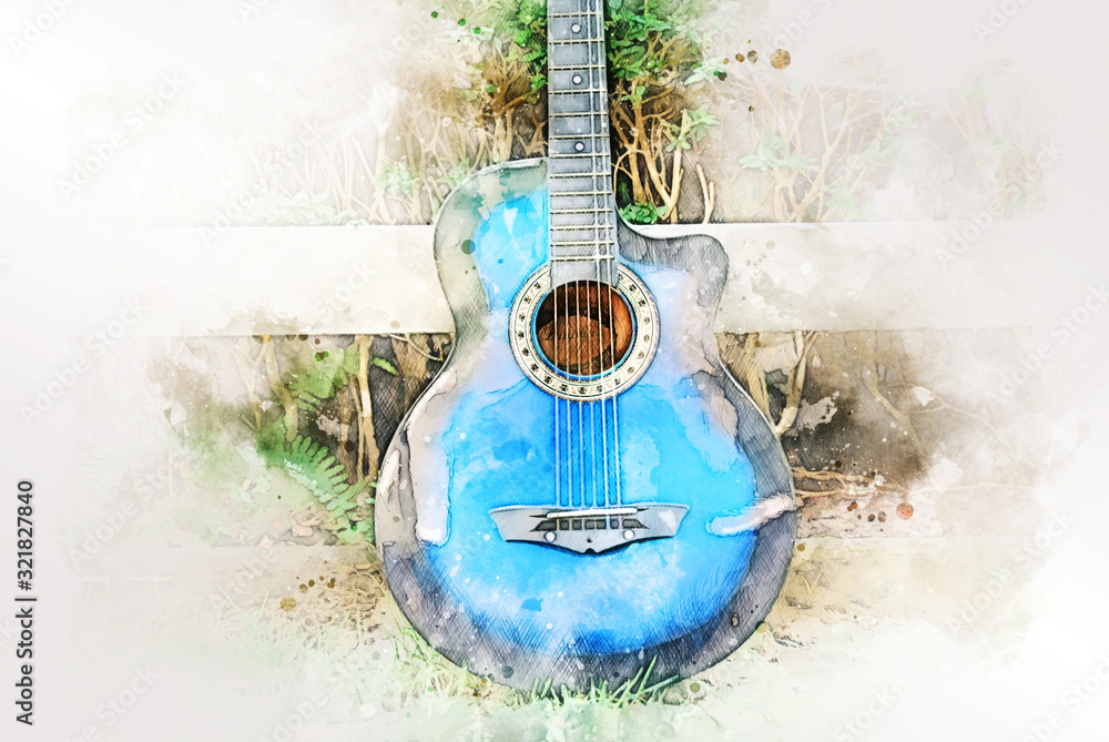 Abstract colorful acoustic guitar on watercolor illustration painting background.