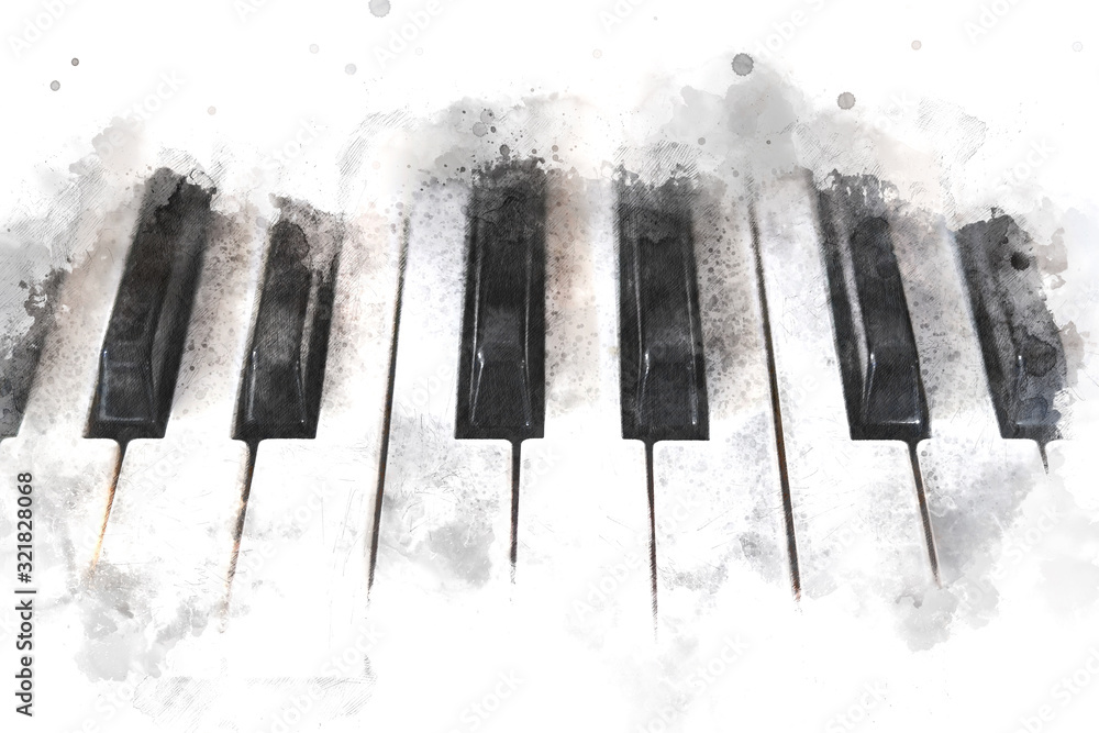 Abstract colorful piano keyboard on watercolor illustration painting background. - obrazy, fototapety, plakaty 