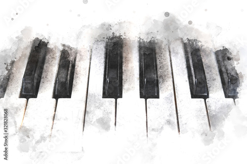 Tela Abstract colorful piano keyboard on watercolor illustration painting background