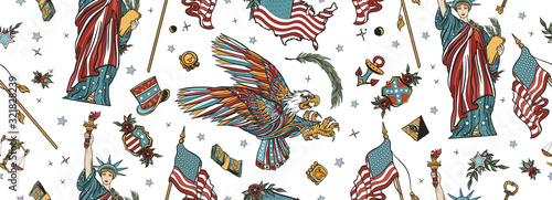United States of America seamless pattern. Old school tattoo style. Statue of liberty, eagle, flag, map. History and culture. USA patriotic background