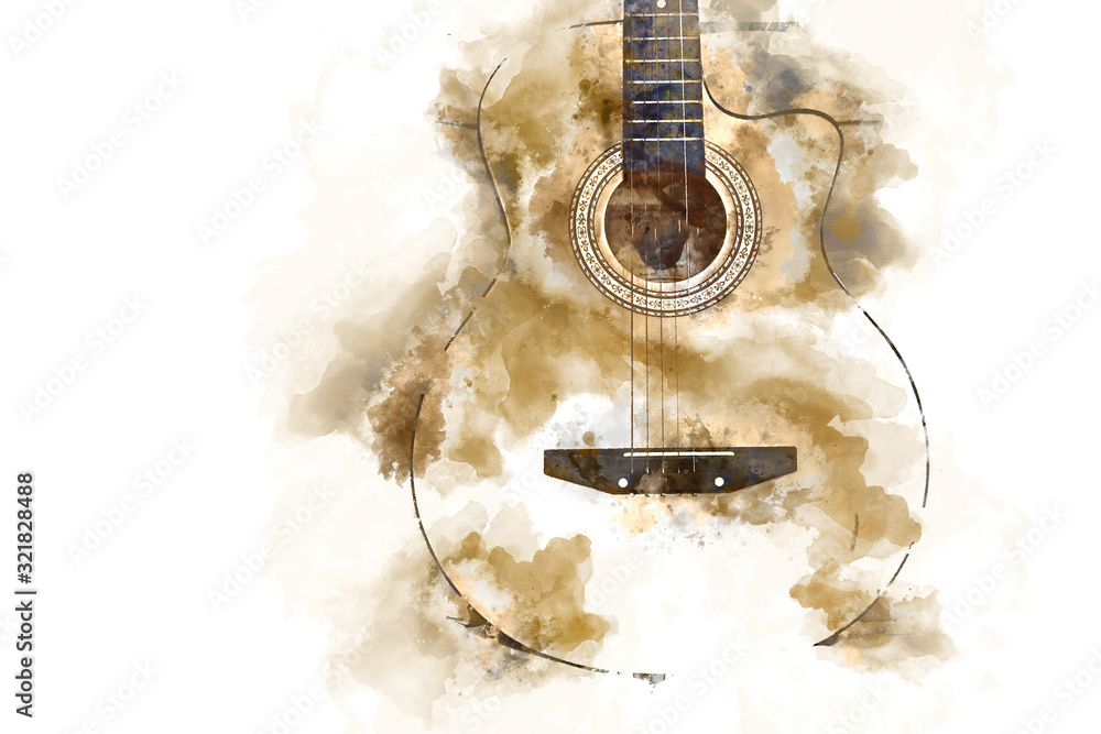 Fototapeta Abstract colorful acoustic guitar equipment on watercolor illustration painting background.