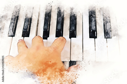 Wall Mural Abstract colorful hand on piano keyboard on watercolor illustration painting background