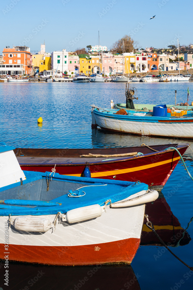 Procida (Italy) - Chiaiolella bay with its colored houses and boats is a tourists attraction