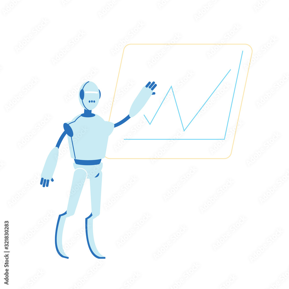 Robot Working in Office Writing on Board with Rising Chart. Futuristic Technology, Smart Device Automatization Artificial Intelligence in Human Life Concept. Cartoon Flat Vector Illustration, Line Art Robot Working in Office Writing on Board with Rising Chart. Futuristic Technology, Smart Device Automatization Artificial Intelligence in Human Life Concept. Cartoon Flat Vector Illustration, Line Art
