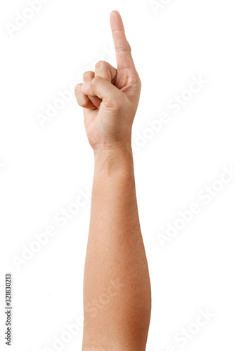 Male Asian hand gestures isolated over the white background. Pointing Visual Touch Action.