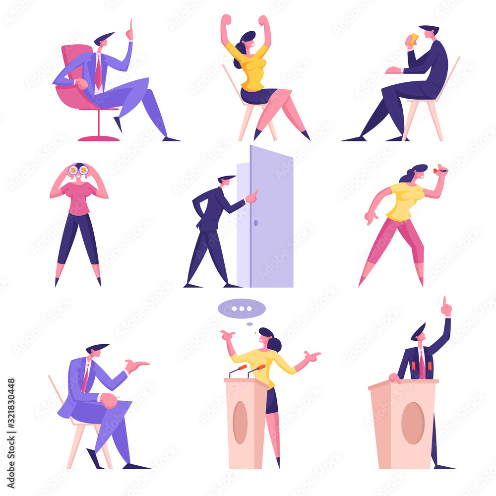 Set of Businesspeople Men and Women Politics Debates on Tribune, Sitting on Chair in Office, Playing Darts, Open Door for New Opportunity or Hiring Job, Drink Coffee Cartoon Flat Vector Illustration