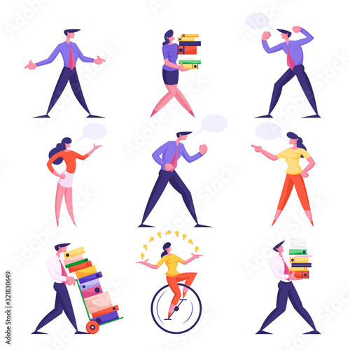 Set of Businesspeople Men and Women Carry Huge Piles of Document Folders, Deadline. Speaking and Yelling on Each Other with Speech Bubbles, Riding Monowheel Bike Cartoon Flat Vector Illustration