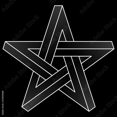 Impossible pentagram icon. White vector optical illusion shape on black background.