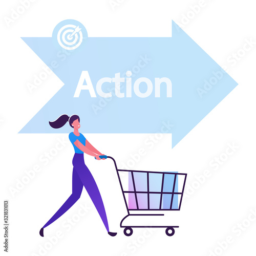 Happy Woman Buyer Pushing Shopping Cart front of Arrow Sign with Action Typography One of Step AIDA Model Except Attention Interest Desire Stages in Sales Business Cartoon Flat Vector Illustration