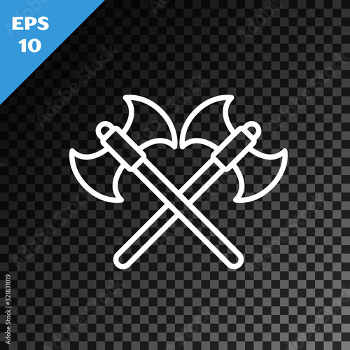 White line Crossed medieval axes icon isolated on transparent dark background. Battle axe, executioner axe. Vector Illustration