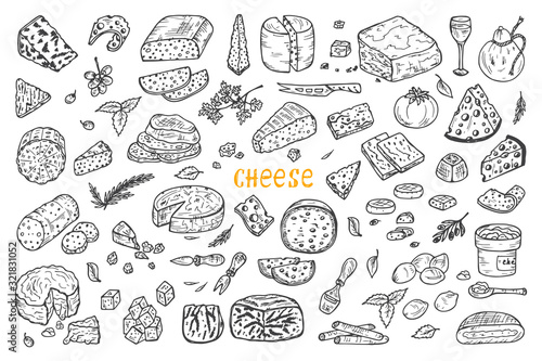 Hand Drawn Doodle various types of cheese: roquefort, parmesan, goat cheese, mozzarella, smoked gouda, blue cheese. Vector Set.