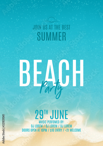 Summer beach party poster. Vector illustration with top view on ocean scene with soft waves on coast. Invitation to nightclub.