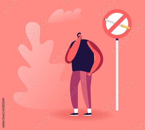 Man Close his Nose near Prohibited Sign with Cigarette. Passive Second Hand Smoking in Public Place Social Problem Concept. Unhealthy Bad Habit, Tobacco Addiction Cartoon Flat Vector Illustration