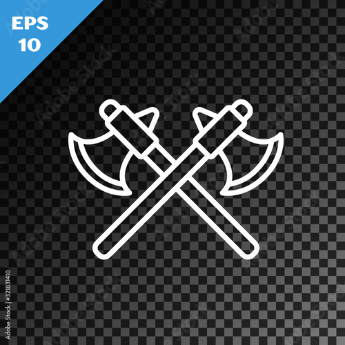 White line Crossed medieval axes icon isolated on transparent dark background. Battle axe, executioner axe. Vector Illustration