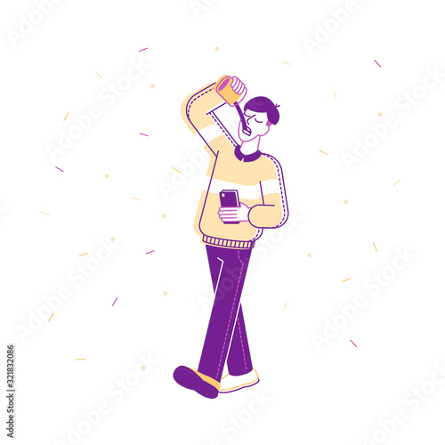 Young Man with Smartphone in Hand Walking and Drinking Coffee in Disposable Cup. Morning Takeaway Drink Refreshment on Way at Work, City Dweller Lifestyle, Cartoon Flat Vector Illustration, Line Art