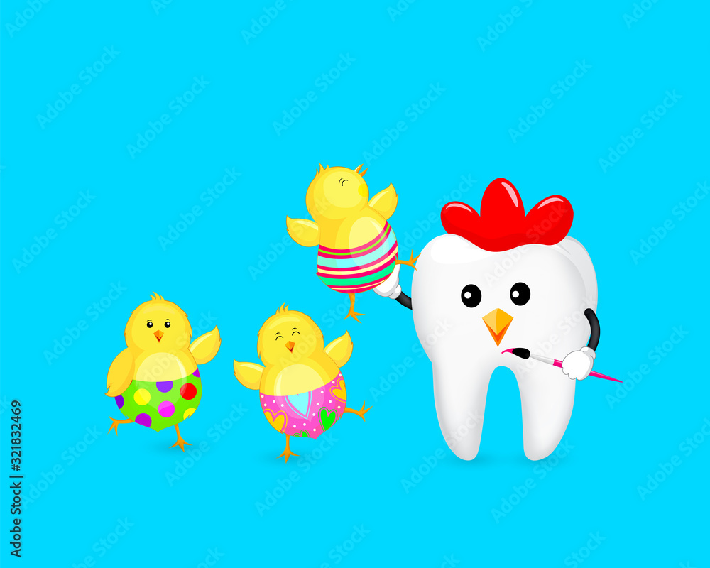 Cute cartoon tooth in hen character painting little chic by paintbrush. Happy Easter Day concept. Illustration isolated on blue background. Cute cartoon tooth in hen character painting little chic by paintbrush. Happy Easter Day concept. Illustration isolated on blue background.