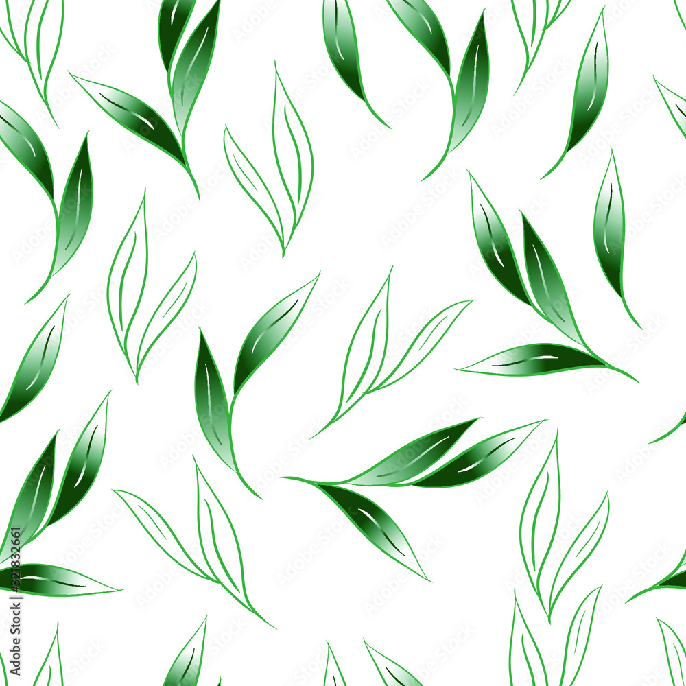 Seamless pattern with green leaves on a white background. Can be used for napkins, wrapping paper, fabric, tablecloth, curtains, as a background, for packaging. Seamless pattern with green leaves on a white background. Can be used for napkins, wrapping paper, fabric, tablecloth, curtains, as a background, for packaging.