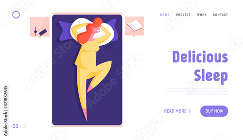 Girl Sleeping in Relaxed Posture Website Landing Page. Woman Wearing Cute Yellow Pajama Sleep on Bed Lying on Back with Hands under Head, Night Rest Web Page Banner. Cartoon Flat Vector Illustration