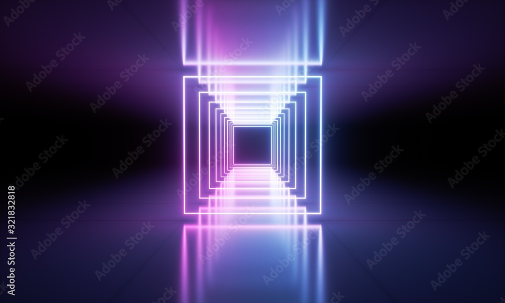 Fototapeta premium Blue and purple luminous fluorescent neon lights. Pure reflective dark metal surface. Sci Fi futuristic stage empty background. 3d rendering - illustration.Keywords language: English