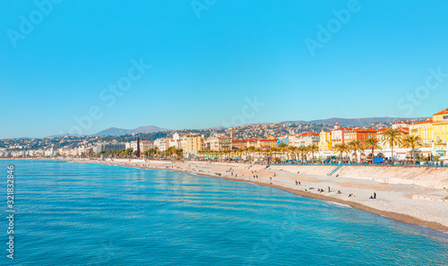 Panoramic view of Nice coastline and beach - Nice, France