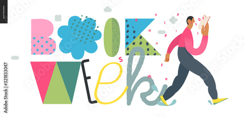 World Book Day graphics -book week events. Modern flat vector concept illustrations of reading people -a brunette man walking, reading a book, letters dropping out. Big lettering Book week