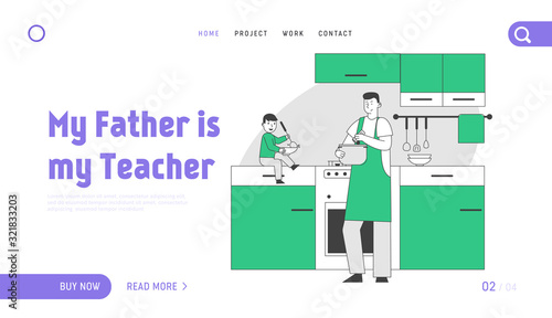 Happy Family Weekend Routine Website Landing Page. Single Father Cooking Dinner on Kitchen together Little Baby Son Sitting at Table Helping Web Page Banner. Cartoon Flat Vector Illustration, Line Art
