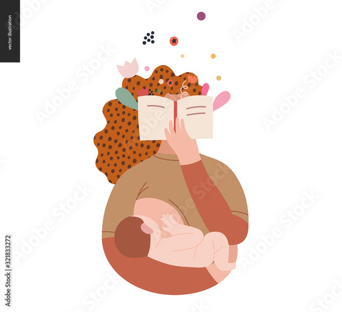 World Book Day graphics, breastfeeding template, book week events. Modern flat vector concept illustrations of reading people -a woman reading novel with enthusiasm, holding a baby, breastfeeding him.