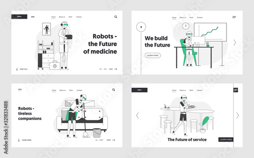 Futuristic Robotics Technologies Website Landing Page Set. Cyborg Doctor Diagnosis Treatment, Robot Waiter in Cafe and Ai House Cleaner Web Page Banner. Cartoon Flat Vector Illustration, Line Art