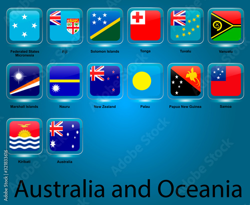 Collection of flags of Oceania countries. Australia, Fiji, Indonesia, Micronesia, New Zealand, Papua New Guinea, Samoa, Solomon Islands, Tonga, Tuvalu. Complete collection. Blue background. Vector gra