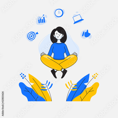 Female employee or businesswoman doing meditation or mindfulness, business related icons on background, multitasking and time management concept, vector illustration